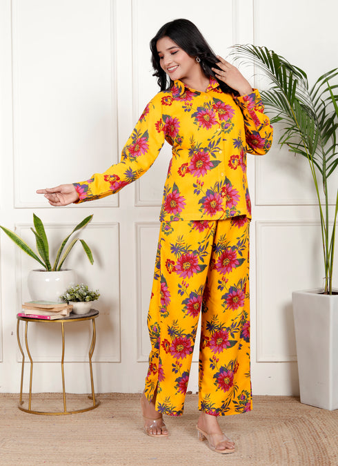 Yellow Floral  Shirt Style Co-ord Set